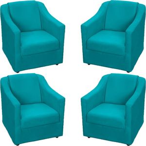 Kit 4 Poltronas Mila Pé De Plástico Cromado - Azul-turquesa Suede