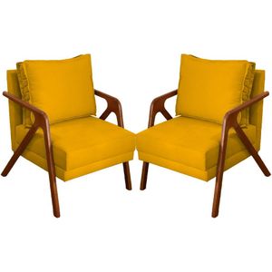 Kit 2 Poltronas Decorativa Shine Pé Castanho - Mostarda Suede