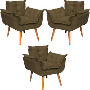 Kit 3 Poltronas Decorativa Alice Pé Trapézio 30cm Castanho - Suede