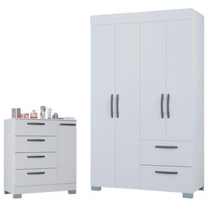 Cômoda 868 4 Gavetas E 1 Porta Com Guarda Roupa Solteiro Tóquio 4 Portas Branco Brilho - Poquema