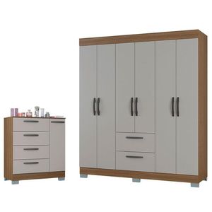 Cômoda 868 4 Gavetas E 1 Porta Com Guarda Roupa Casal Tóquio 6 Portas Castanho Off White - Poquema