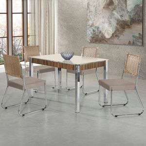 Mesa De Jantar Aço Nobre Claudia C- Tampo Kanon E 4 Cadeiras Bege-nogal-off White