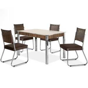Mesa De Jantar Aço Nobre Claudia C- Tampo Kanon E 4 Cadeiras Off White-nogal-chocolat- Marrom