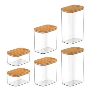 Conjunto De Potes Herméticos Retangular Keep 6 Peças Transparente Com Tampa De Bambu Ou