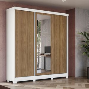 Guarda-roupa Casal Kappesberg 3 Portas Reversiveis De Correr 3 Espelhos 2 Cabideiros Branco/nogueira