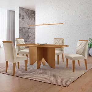 Mesa Evora 120 Mdf Com 4 Cadeiras Melissa Veludo Creme-naturalle-naturalle