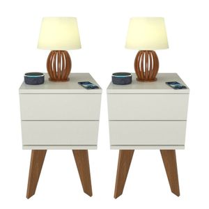 Kit 2 Mesas De Cabeceira 2 Gavetas 30 Cm Mdf Branco Com Pés Fj Decor Retrô
