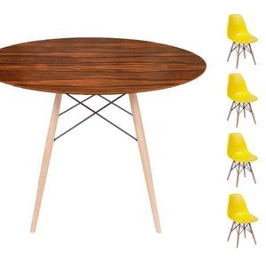 Conjunto Mesa Eames Eiffel Dsw Redonda Pau Ferro 90cm + 4 Cadeiras Eames Dsw - Amarela