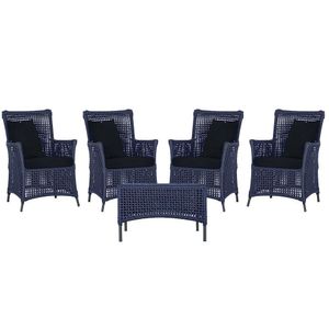 4 Poltronas E 1 Mesa Igapó Alumínio Preta Corda Náutica E12 Azul