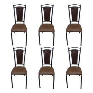 Kit 6 Cadeira De Cozinha Tubular Aço Estofada Encosto Junco Marrom Escuro