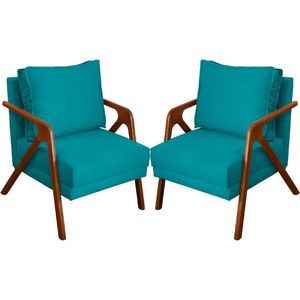 Kit 2 Poltronas Decorativa Para Sala Shine Suede Cores Pé Castanho - Azul-turquesa, Suede