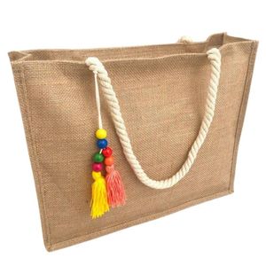 Bolsa De Praia De Palha De Juta Feminina Com Chaveiro Pingente Sacola Ecobag Moda Verão amarelo