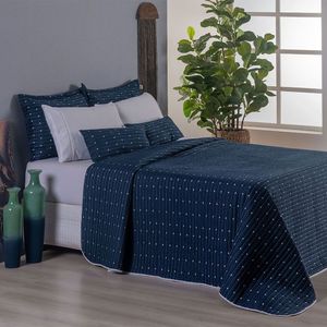 Kit Cobre Leito King 7 Peças Bordado Urbany 100% Poliéster Hipercal 400 Fios Azul Marinho