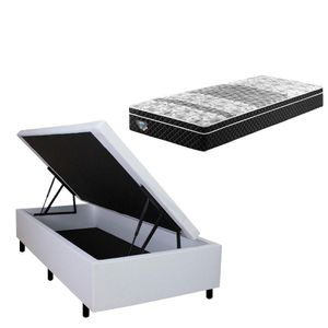 Cama Box Com Baú Solteiro 88x188 + Colchão Gran Sleep Molas Verticoil Ecoflex Courino Linho