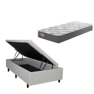 Cama Box Com Baú Solteiro 88x188 + Colchão Adapto Molas Ensacadas Ecoflex Courino Linho