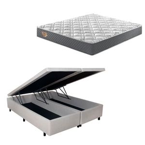 Cama Box Com Baú Queen 158x198 + Colchão Adapto Molas Ensacadas Ecoflex Courino Linho