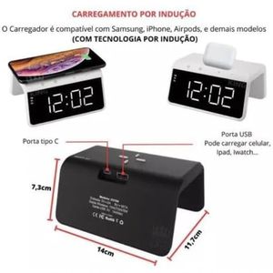 Carregador Indução Relógio Digital Com Abajur Led Colorido Premium Branco