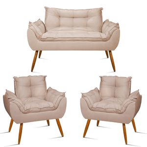 Kit Namoradeira Opala + 2 Poltronas Para Sala Balaqui Decor bege