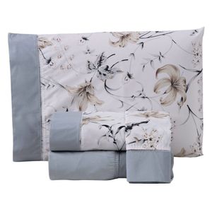 Jogo Cama Lençol Encanto Casal Padrão Percal 180 Fios C/ Ponto Palito 4 Peças - Floral - Cinza