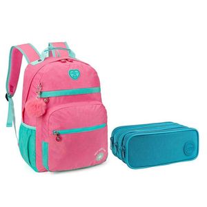 Kit Mochila Escolar Infantil Kk24m14pk E Estojo Académie Triplo Azul Turquesa - Kika