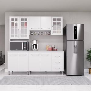 Cozinha Modulada Compacta Fidelitá Viena 3 Peças 190cm 9 Portas 3 Gavetas Com Tampo Branco