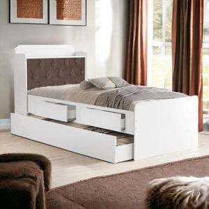 Cama Tamires Baú Branco Com Auxiliar E Capitonê Nogal