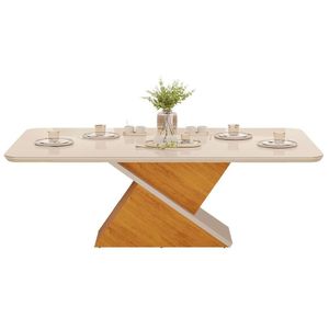 Mesa De Sala Jantar Zafira Com tampo Madeirado Vidro Curvo 200x100cm Cedro/off White/off White