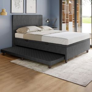Base Cama Baú Casal Com Cama Auxiliar C/colchão Conjugado Veludo - Skybox Cor Preto