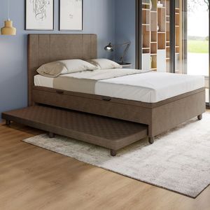 Base Cama Baú Casal Com Cama Auxiliar C/colchão Conjugado Veludo - Skybox Cor Marrom