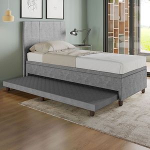 Base Box Solteiro Com Cama Auxiliar C/colchão Conjugado Veludo - Skybox Cor Cinza