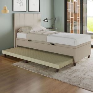 Base Cama Baú Solteiro Com Cama Auxiliar C/colchão Conjugado Linho - Skybox Cor Bege