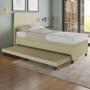 Base Box Solteiro Com Cama Auxiliar C/colchão Conjugado Corino - Skybox Cor Bege