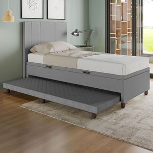 Base Cama Baú Solteiro Com Cama Auxiliar C/colchão Conjugado Corino - Skybox Cor Cinza