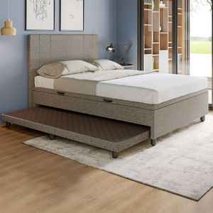 Base Cama Baú Casal Com Cama Auxiliar C/colchão Conjugado Linho - Skybox Cor Marrom
