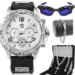 Relogio Aço Inox + Pulseira + Cordão + Oculos Sol Casual Silicone Qualidade Premium Presente Social