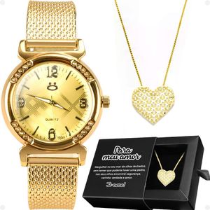 Relogio Feminino Aço Dourado + Colar Coração Amor + Caixa Inoxidável Presente Social Moda Casual