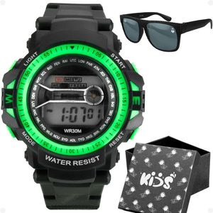 Relogio Digital Infantil Preto Led Caixa + Oculos Sol Proteção Uv Cronometro Criança Esportivo Data