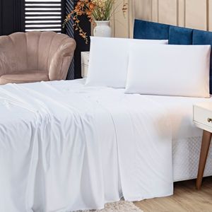 Jogo De Cama Lençol Eternity Bamboo Branco Com Fronhas Casal 04 Peças - Tecido Liso Percal 400 Fios Fibra De Bambu