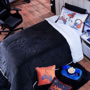 Coberdrom Game Streamer Preto/vermelho Queen 03 Peças Com Fronhas - Dupla Face Sherpa E Mantinha
