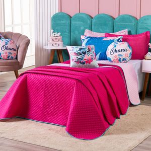 Kit Cobre Leito Stich Pink/rosa Dupla Face Com Almofadas Solteiro 05 Peças - Decoração Infantil Juvenil Personagem