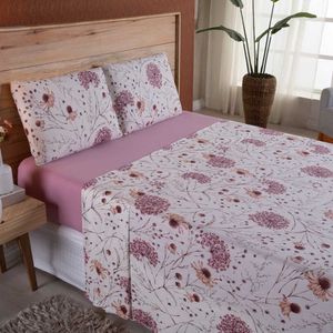 Jogo De Lençol Dallas Soft Queen 4 Peças Malha 100% Algodão - Rosa Floral