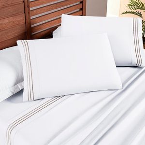 Jogo De Lençol Aria Solteiro 3 Peças Micropercal 200 Fios Suave Detalhe Bordado - Branco Neve Taupe