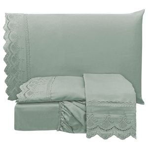 Jogo De Cama Lençol Realce Casal 4 Peças Percal 300 Fios Bordado Inglês Macio - Cinza Chumbo