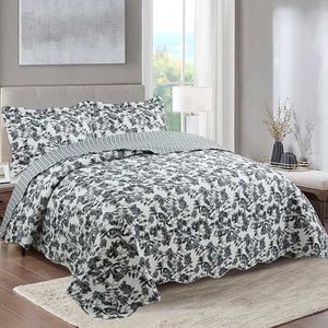 Kit Cobre Leito Colcha Daily Queen 3 Peças Dupla Face Estampado Floral - Cinza Floral