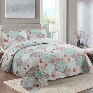 Kit Cobre Leito Colcha Daily Queen 3 Peças Dupla Face Estampado Floral - Brenda Verde