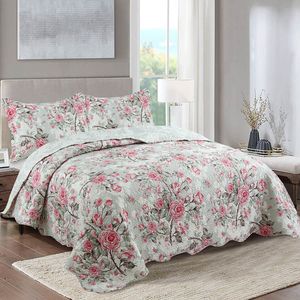 Kit Cobre Leito Colcha Daily Queen 3 Peças Dupla Face Estampado Floral - Stela Cinza
