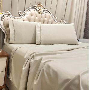 Jogo De Cama Lençol Queen Realce Percal 400 Fios 3 Peças - Bege