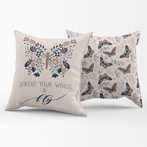 Par De Almofadas Estampadas Cheias Borboleta Azul Marinho/caqui 45cm X 45cm - Enchimento Refil Em Silicone