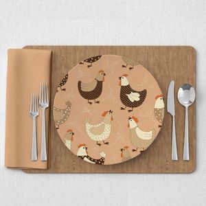 Kit Capa De Sousplat Estampado Com Guardanapos Mesa Posta Jogo Americano 08 Lugares - Decoração Cozinha Cor Galinha Bege