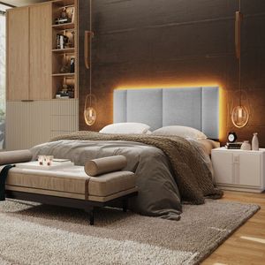 Cabeceira Estofada Cama Box Casal Com Led Splend 140 Cm Linho Cinza